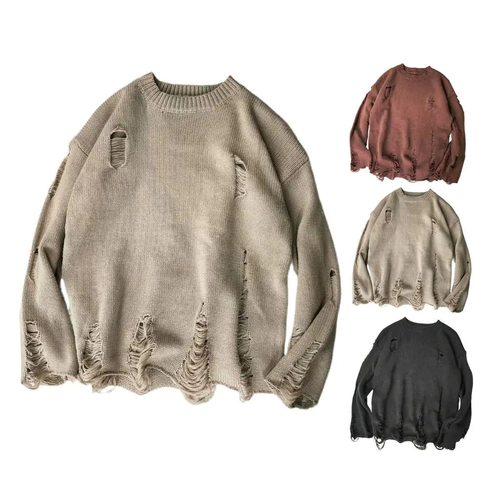 Men's Oversized Ripped Knit Sweater for Streetwear