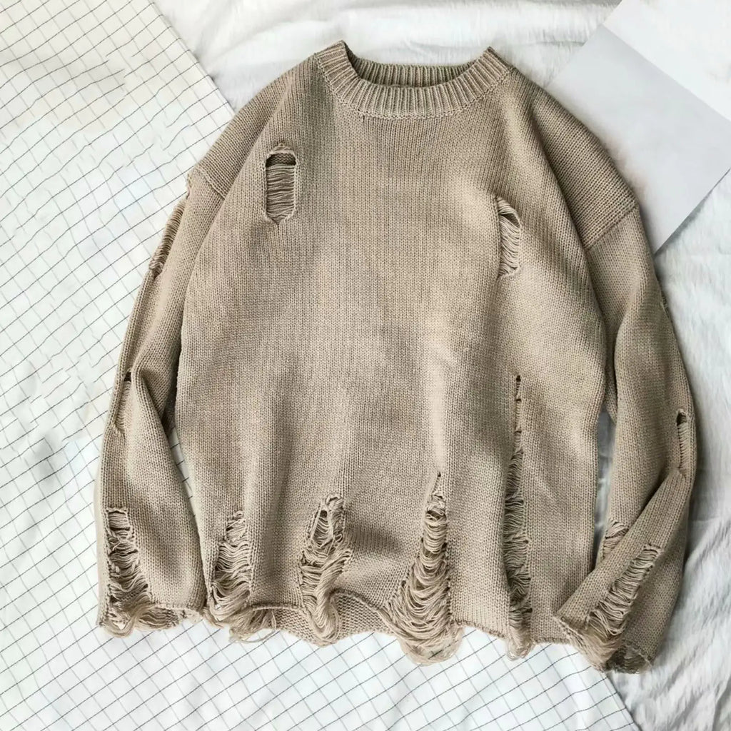 Men's Oversized Ripped Knit Sweater for Streetwear