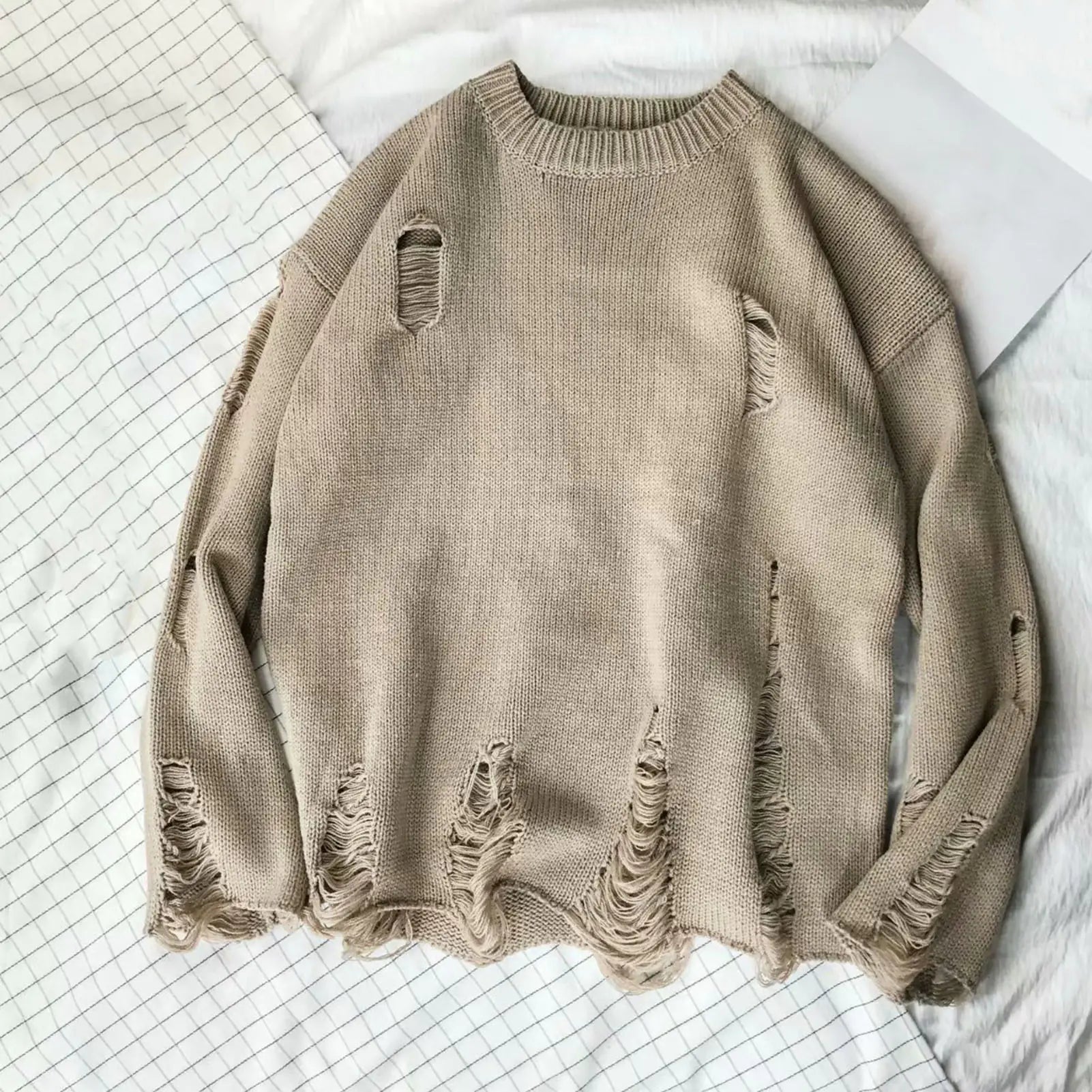 Men's Oversized Ripped Knit Sweater for Streetwear