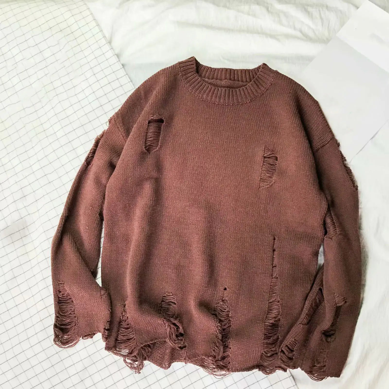 Men's Oversized Ripped Knit Sweater for Streetwear