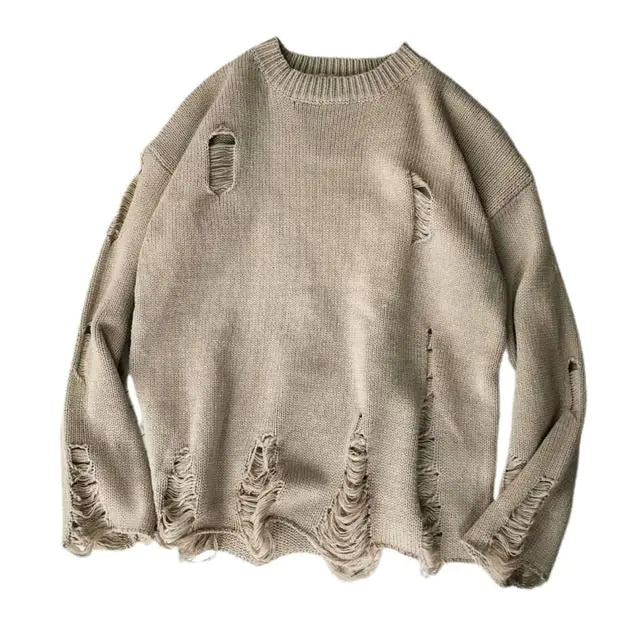 Men's Oversized Ripped Knit Sweater for Streetwear